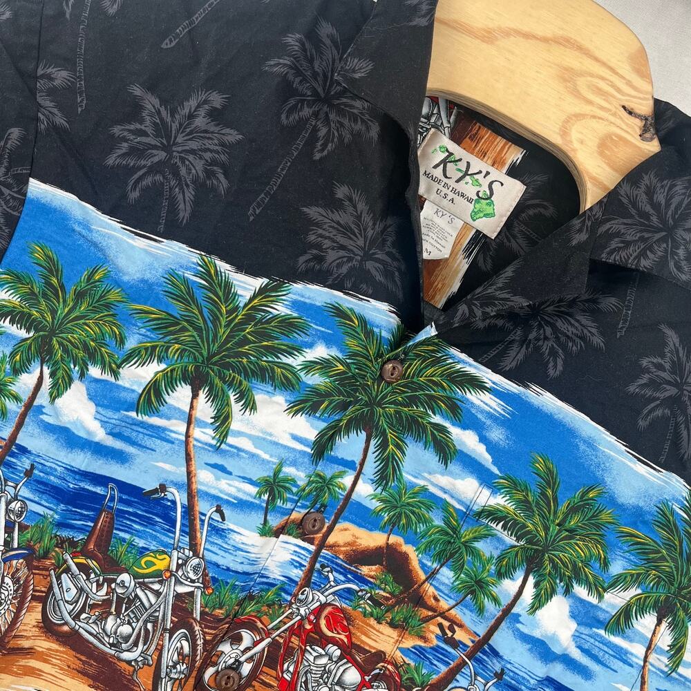 KY'S Hawaiian Shirt Mens Medium Black Hawaii Motorcycle Biker Tropical USA
